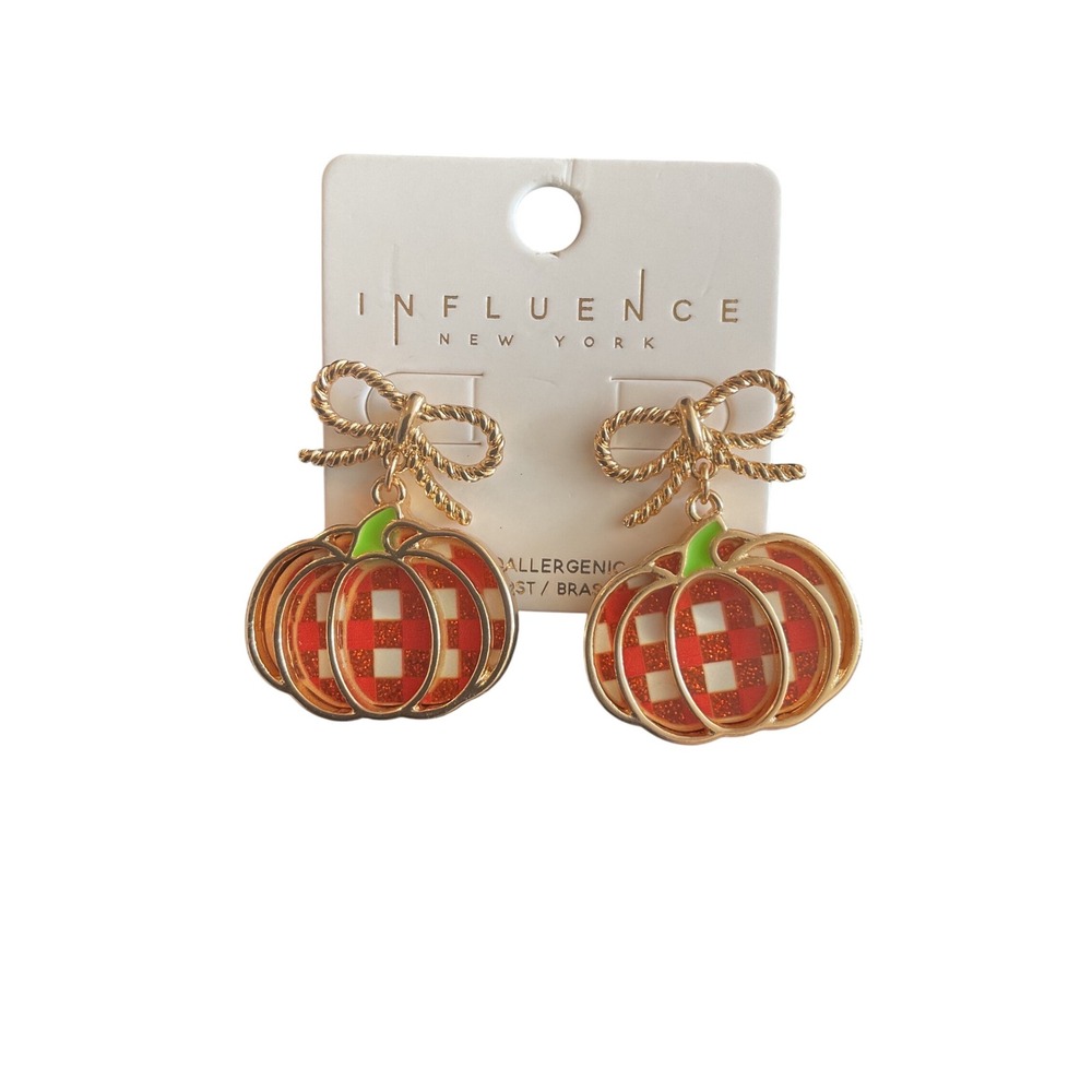 Pumpkin Earrings Influence NY Gold‎ Bow Plaid Fall Halloween Women's